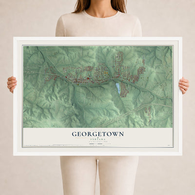 Map of Georgetown, Indiana, 24 x 36 inch print in a white wood frame