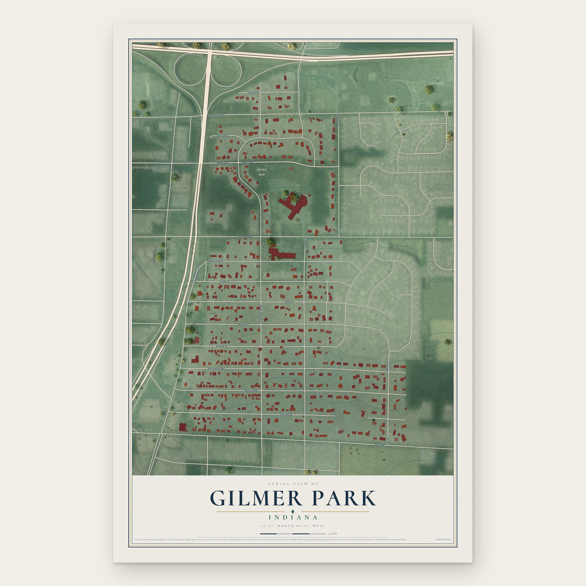 Gilmer Park, Indiana map print, the full design