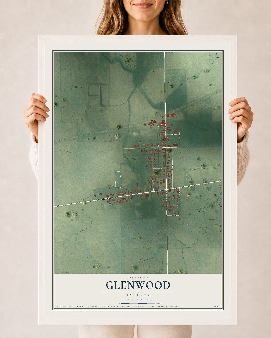 Map of Glenwood, Indiana, 24 x 36 inch print in a white wood frame