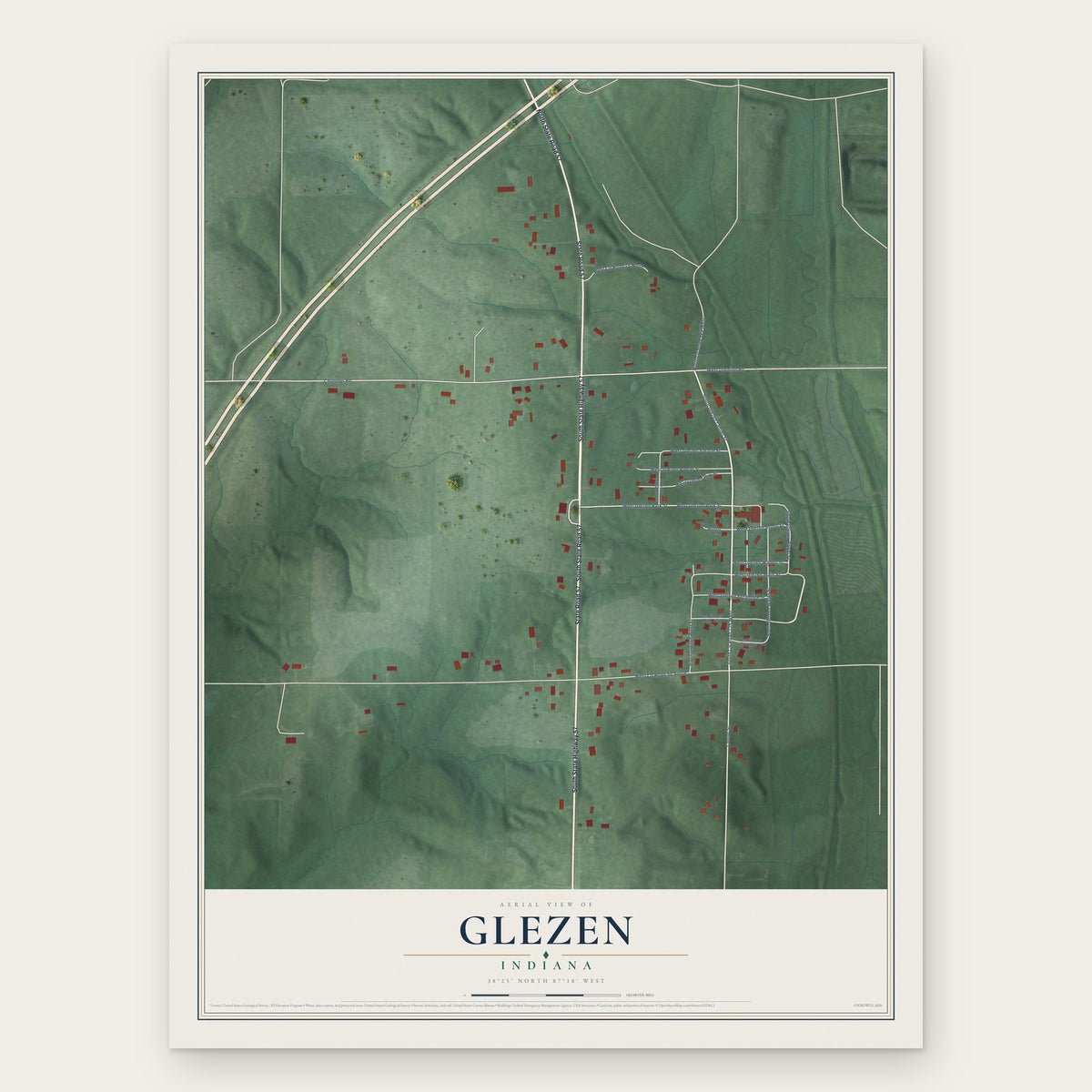 Glezen, Indiana map print, the full design
