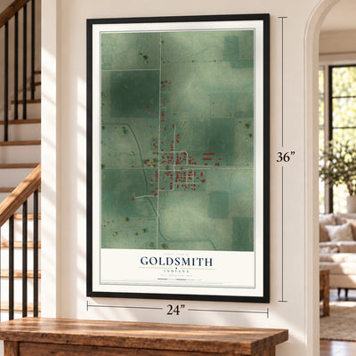 Goldsmith, Indiana map, 24 x 36 inch print in a black frame by a staircase