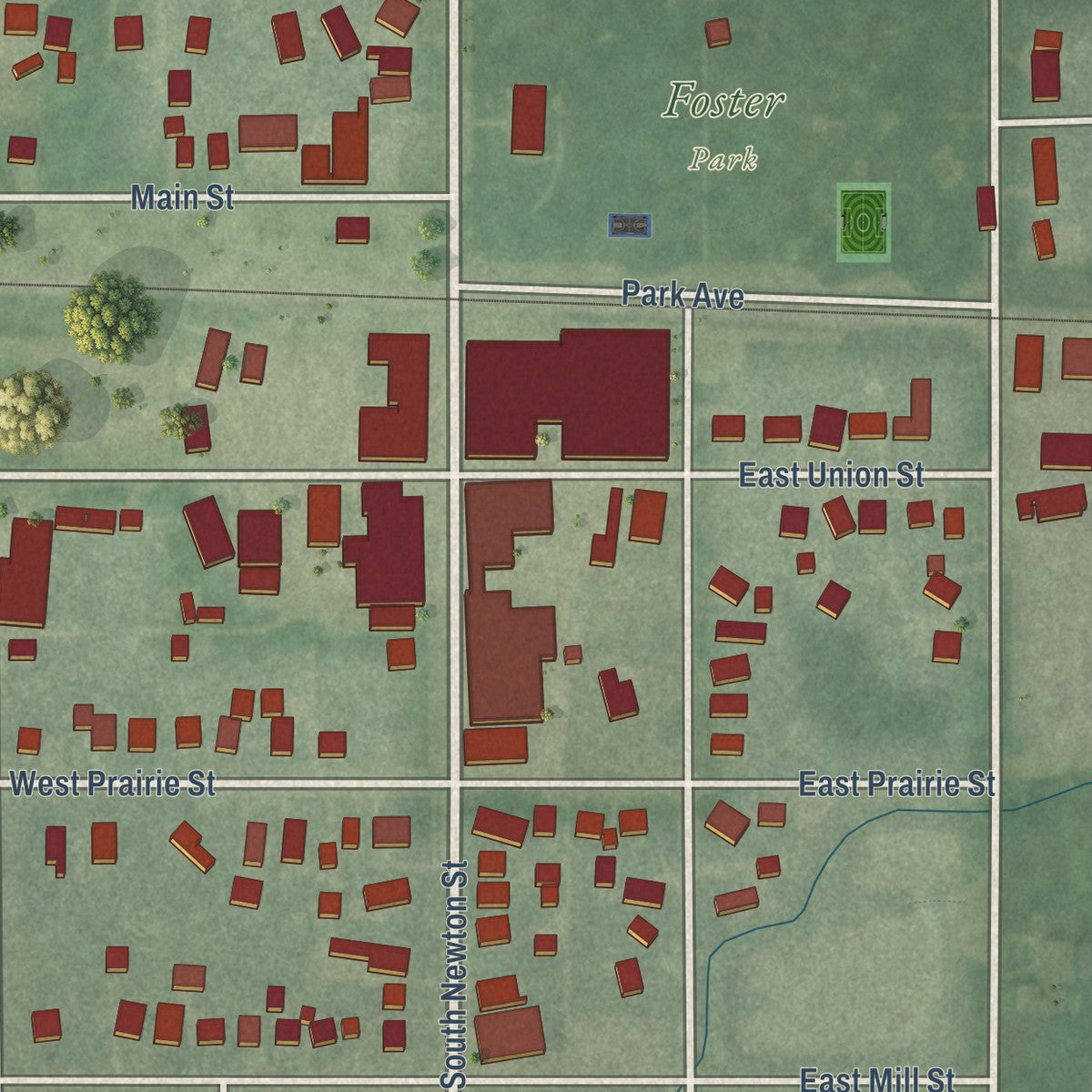 Close-up of the map of Goodland, Indiana print showing street and building detail
