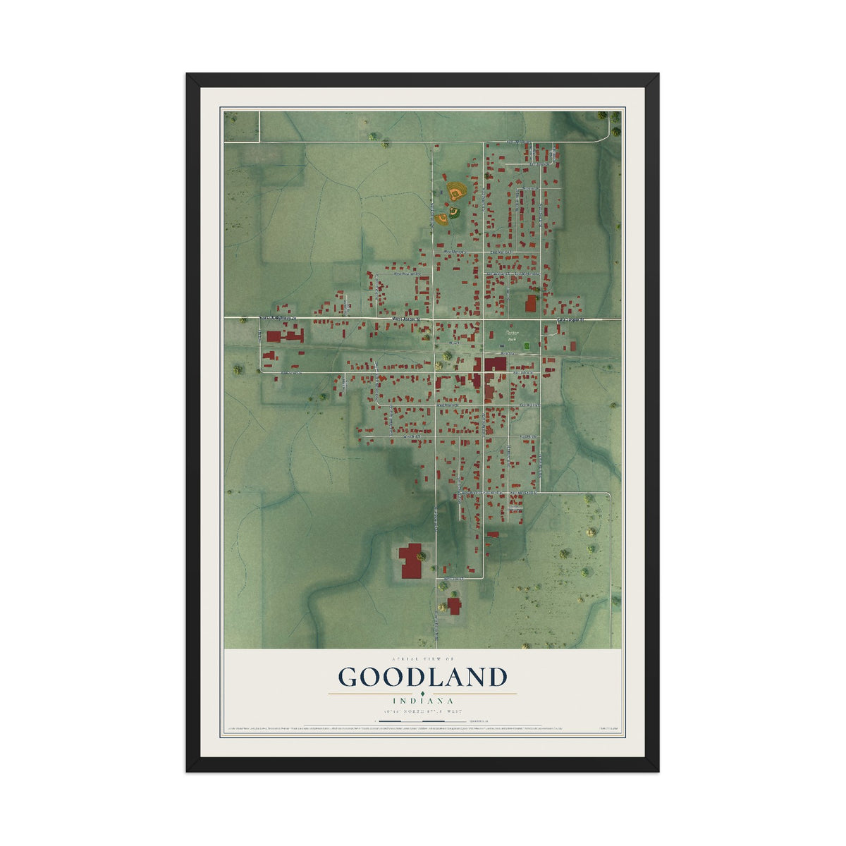 Map of Goodland, Indiana, 12 x 18 inch print in a black wood frame