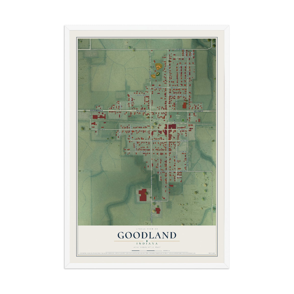 Map of Goodland, Indiana, 12 x 18 inch print in a white wood frame
