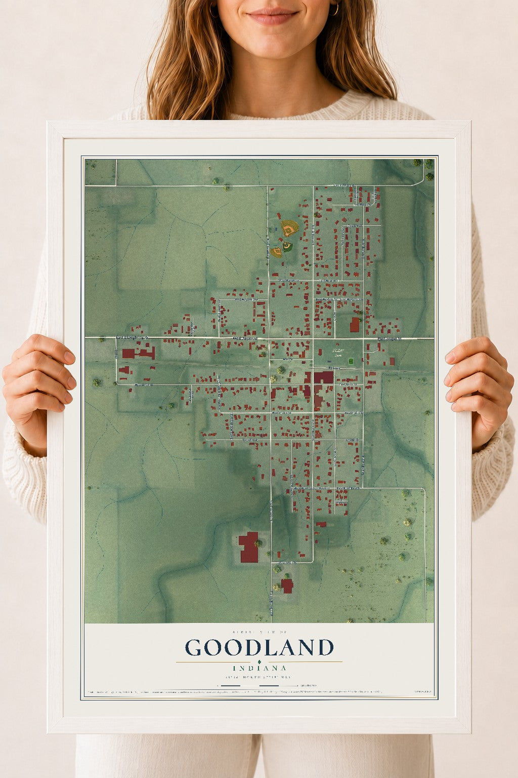 Map of Goodland, Indiana, 18 x 24 inch print in a white wood frame