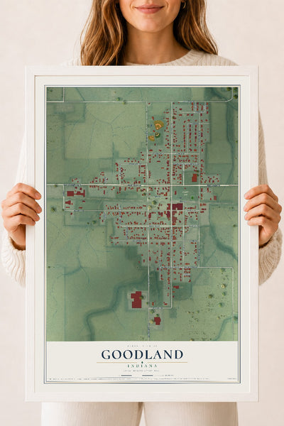 Map of Goodland, Indiana, 18 x 24 inch print in a white wood frame