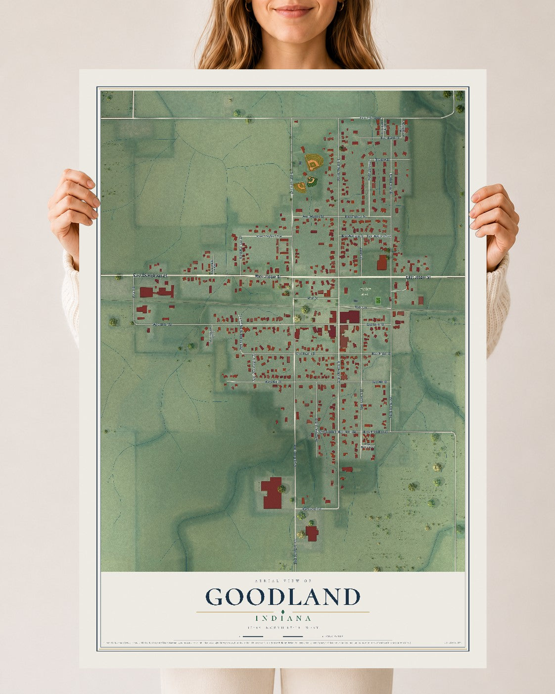 Map of Goodland, Indiana, 24 x 36 inch unframed archival matte print