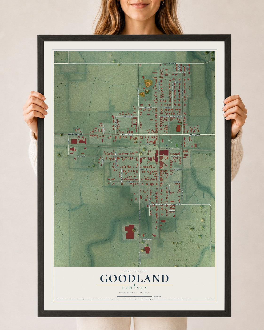 Map of Goodland, Indiana, 24 x 36 inch print in a black wood frame
