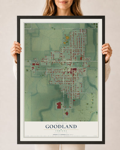 Map of Goodland, Indiana, 24 x 36 inch print in a black wood frame
