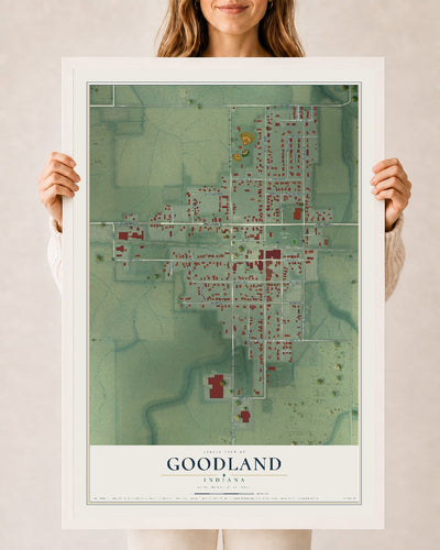 Map of Goodland, Indiana, 24 x 36 inch print in a white wood frame