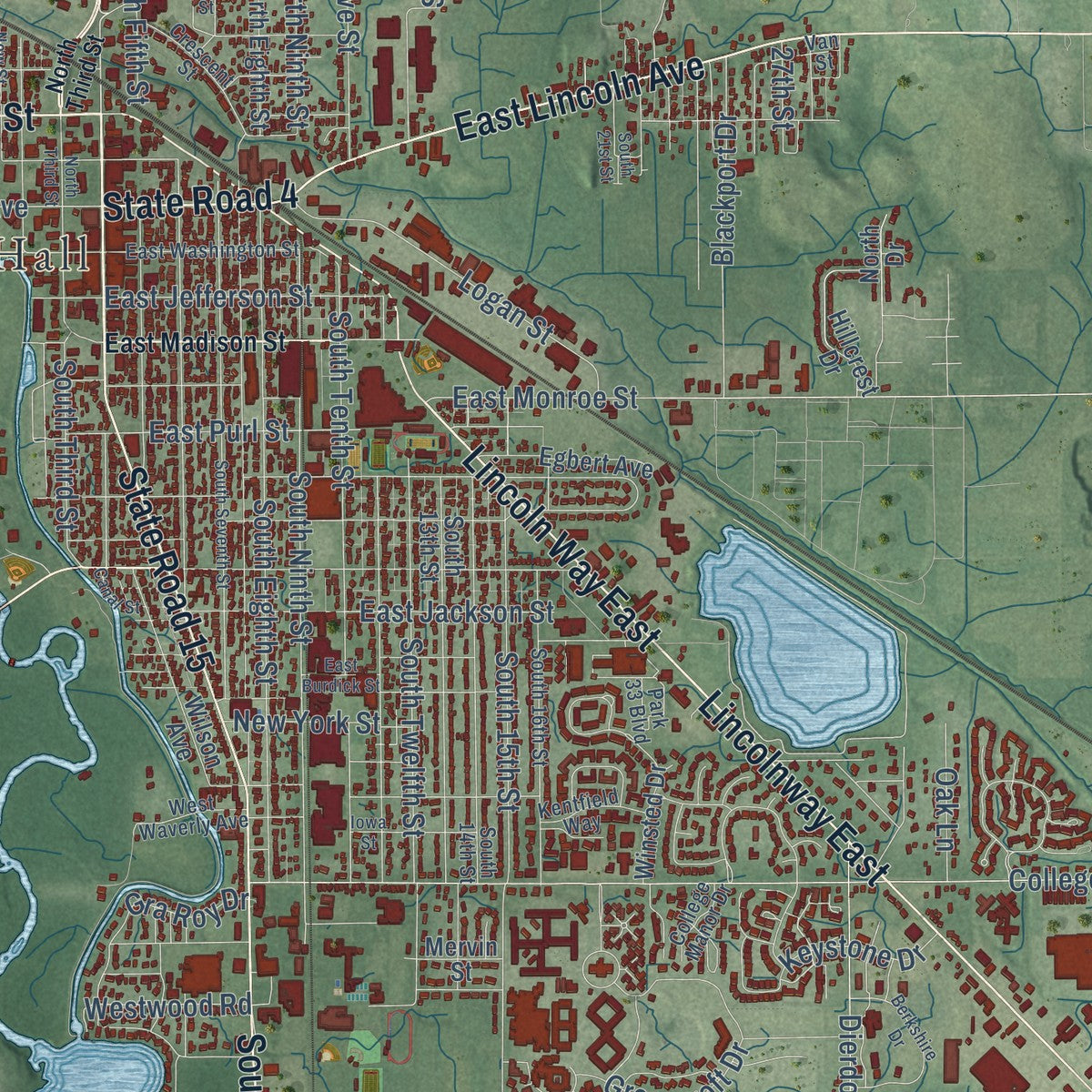 Close-up of the map of Goshen, Indiana print showing street and building detail