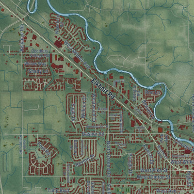 Second close-up of the map of Goshen, Indiana print showing more streets and buildings