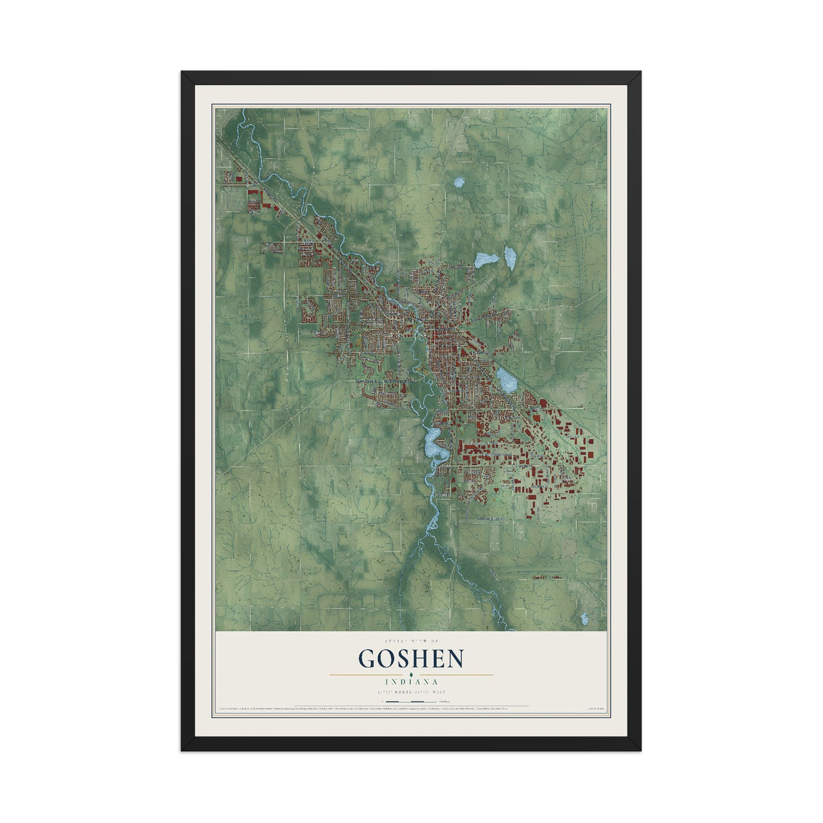 Map of Goshen, Indiana, 12 x 18 inch print in a black wood frame