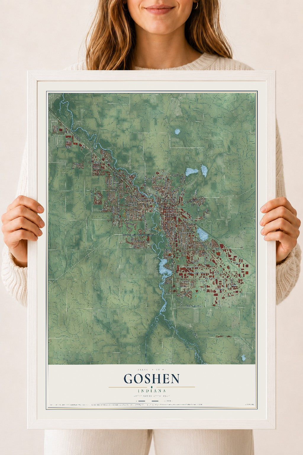 Map of Goshen, Indiana, 18 x 24 inch print in a white wood frame