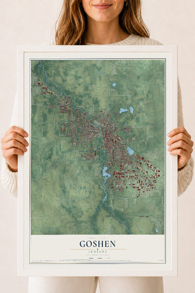 Map of Goshen, Indiana, 18 x 24 inch print in a white wood frame