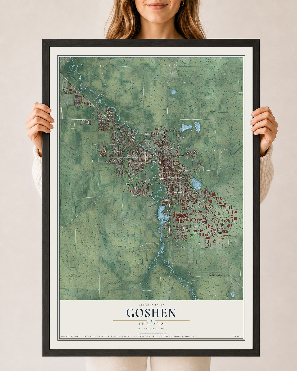 Map of Goshen, Indiana, 24 x 36 inch print in a black wood frame