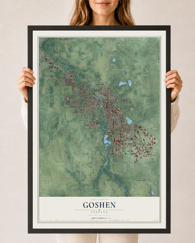 Map of Goshen, Indiana, 24 x 36 inch print in a black wood frame