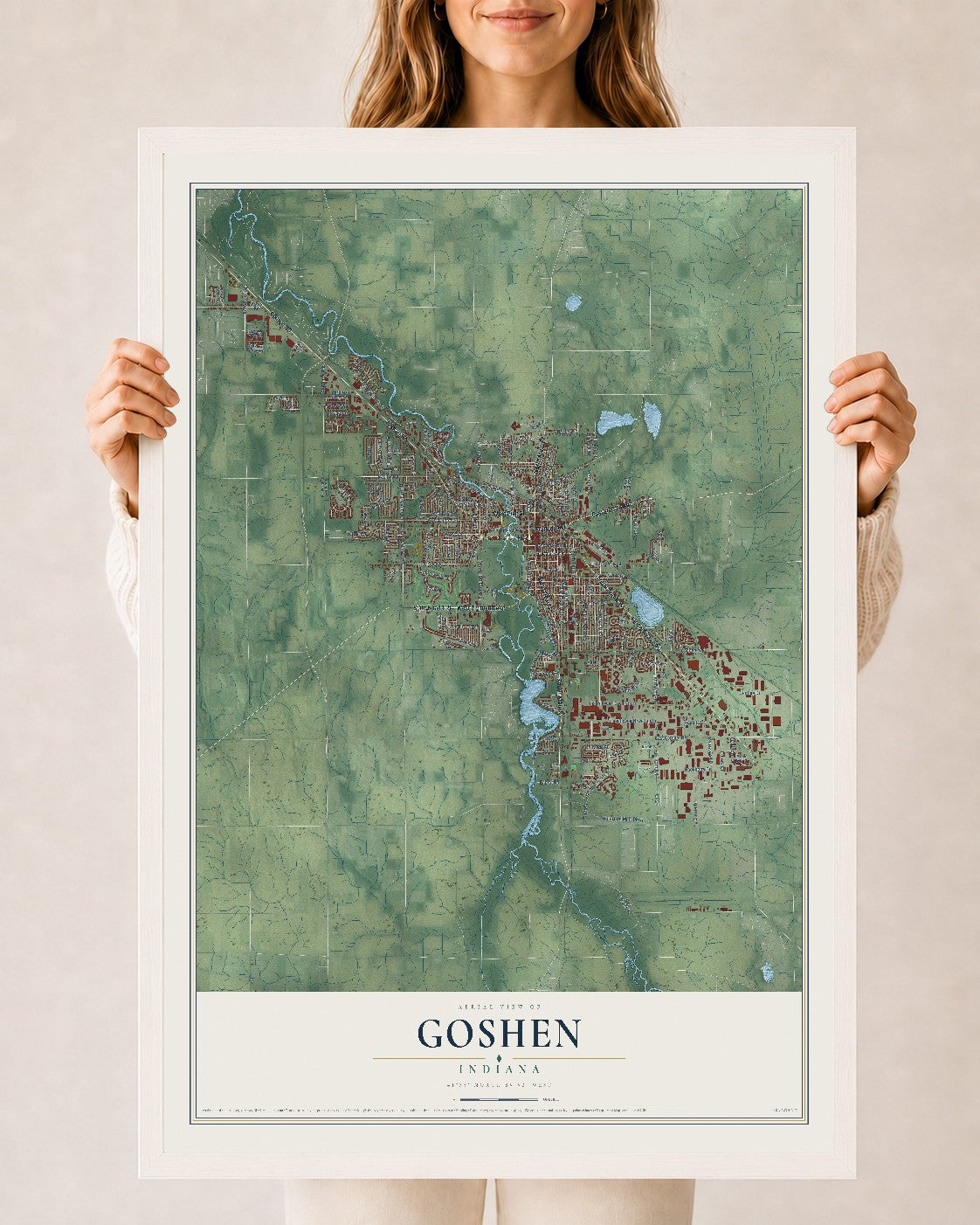 Map of Goshen, Indiana, 24 x 36 inch print in a white wood frame