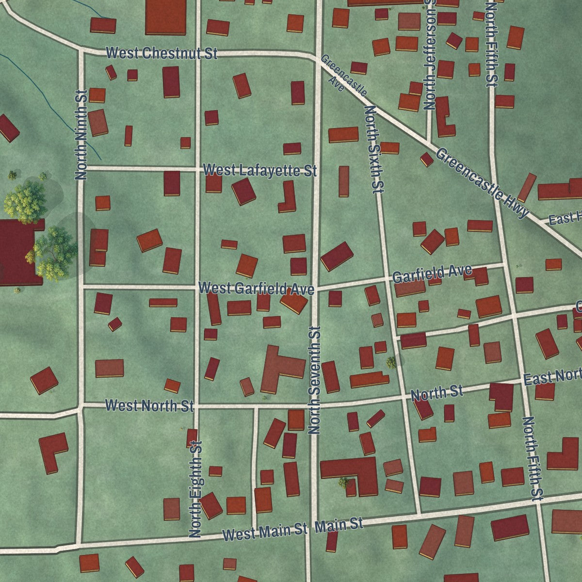 Close-up of the map of Gosport, Indiana print showing street and building detail