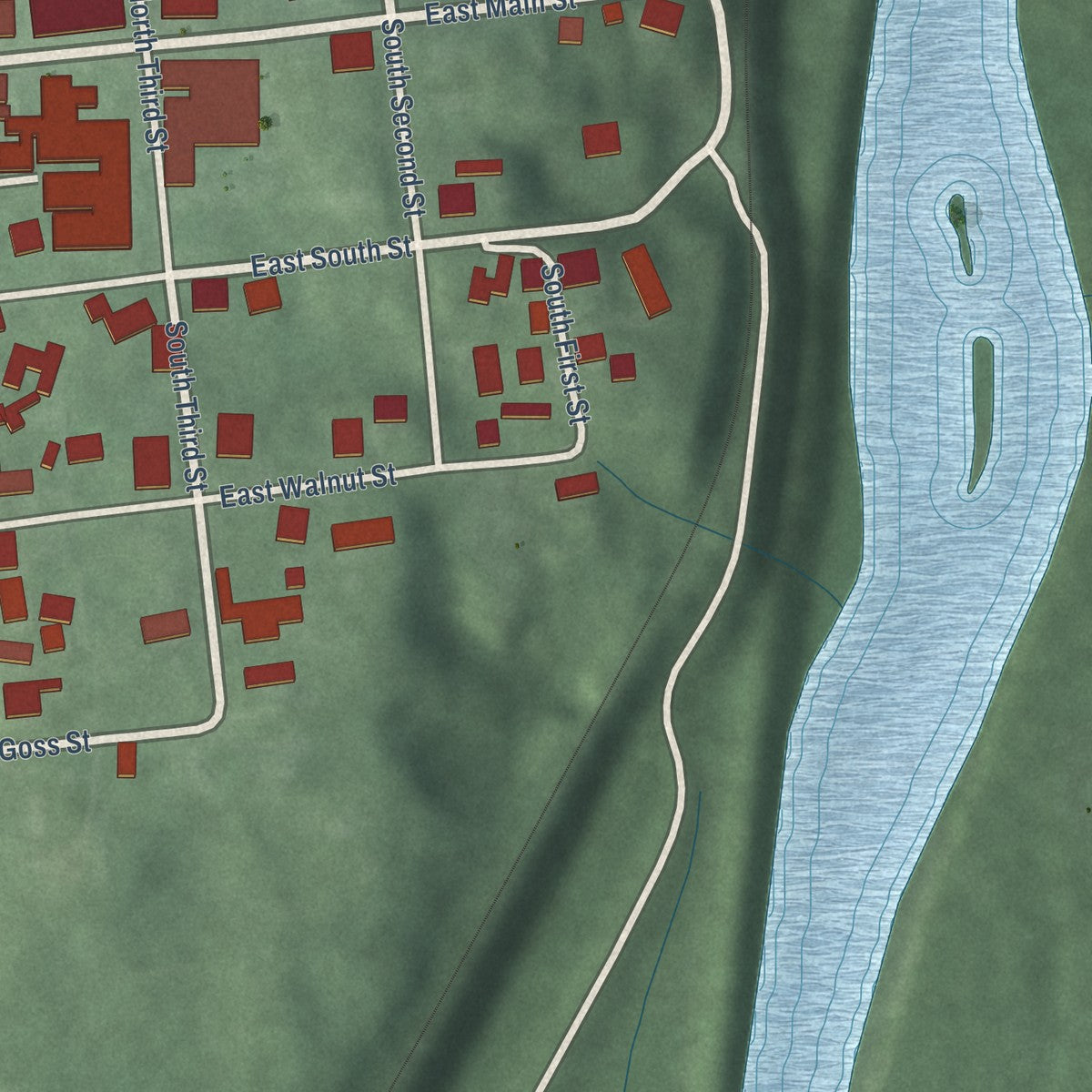 Second close-up of the map of Gosport, Indiana print showing more streets and buildings