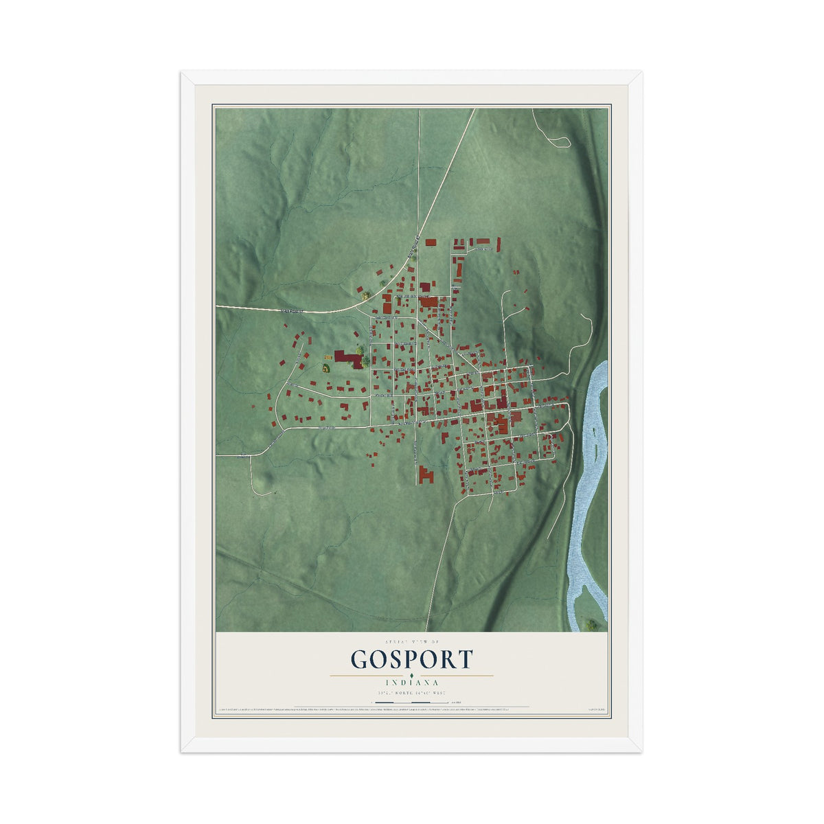Map of Gosport, Indiana, 12 x 18 inch print in a white wood frame