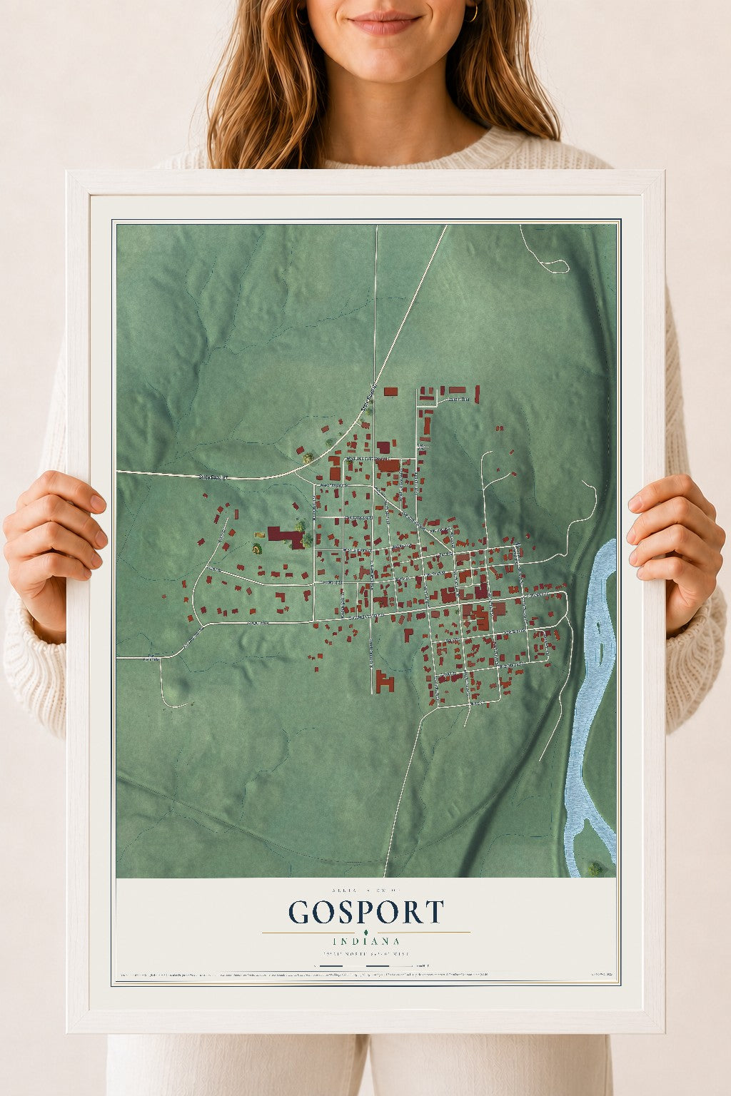 Map of Gosport, Indiana, 18 x 24 inch print in a white wood frame