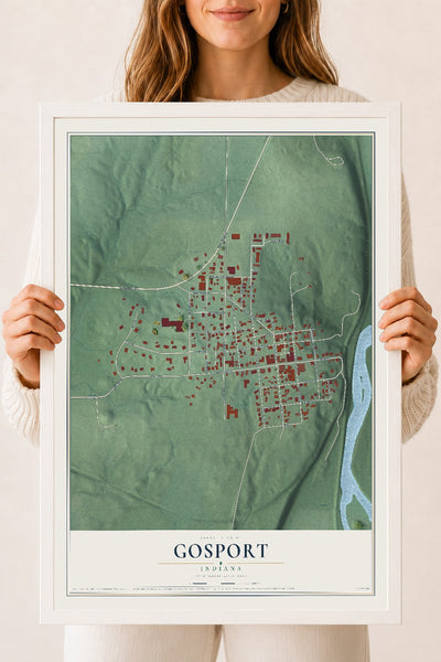Map of Gosport, Indiana, 18 x 24 inch print in a white wood frame