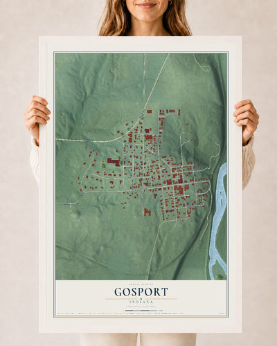 Map of Gosport, Indiana, 24 x 36 inch print in a white wood frame