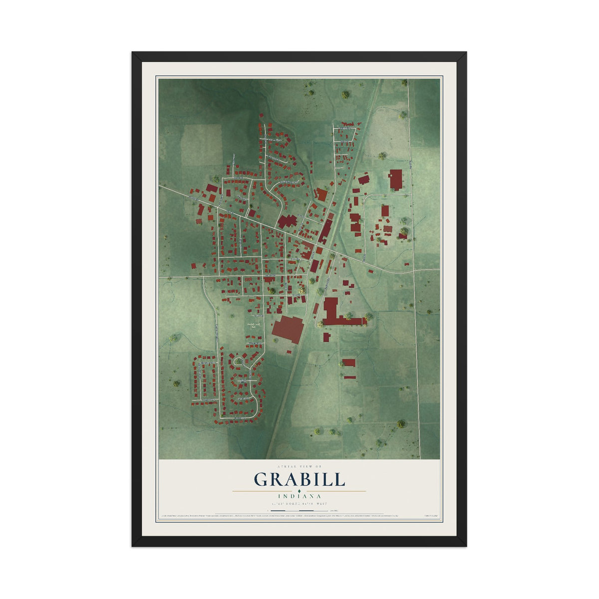 Map of Grabill, Indiana, 12 x 18 inch print in a black wood frame