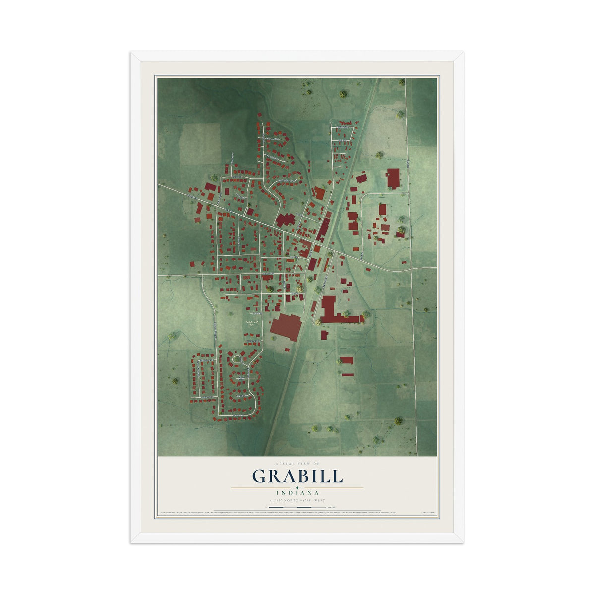 Map of Grabill, Indiana, 12 x 18 inch print in a white wood frame