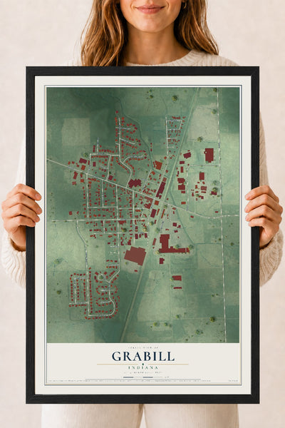 Map of Grabill, Indiana, 18 x 24 inch print in a black wood frame