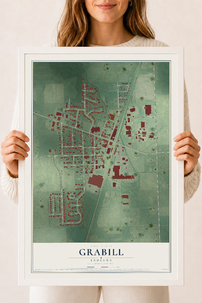 Map of Grabill, Indiana, 18 x 24 inch print in a white wood frame