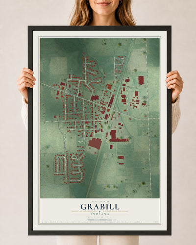 Map of Grabill, Indiana, 24 x 36 inch print in a black wood frame