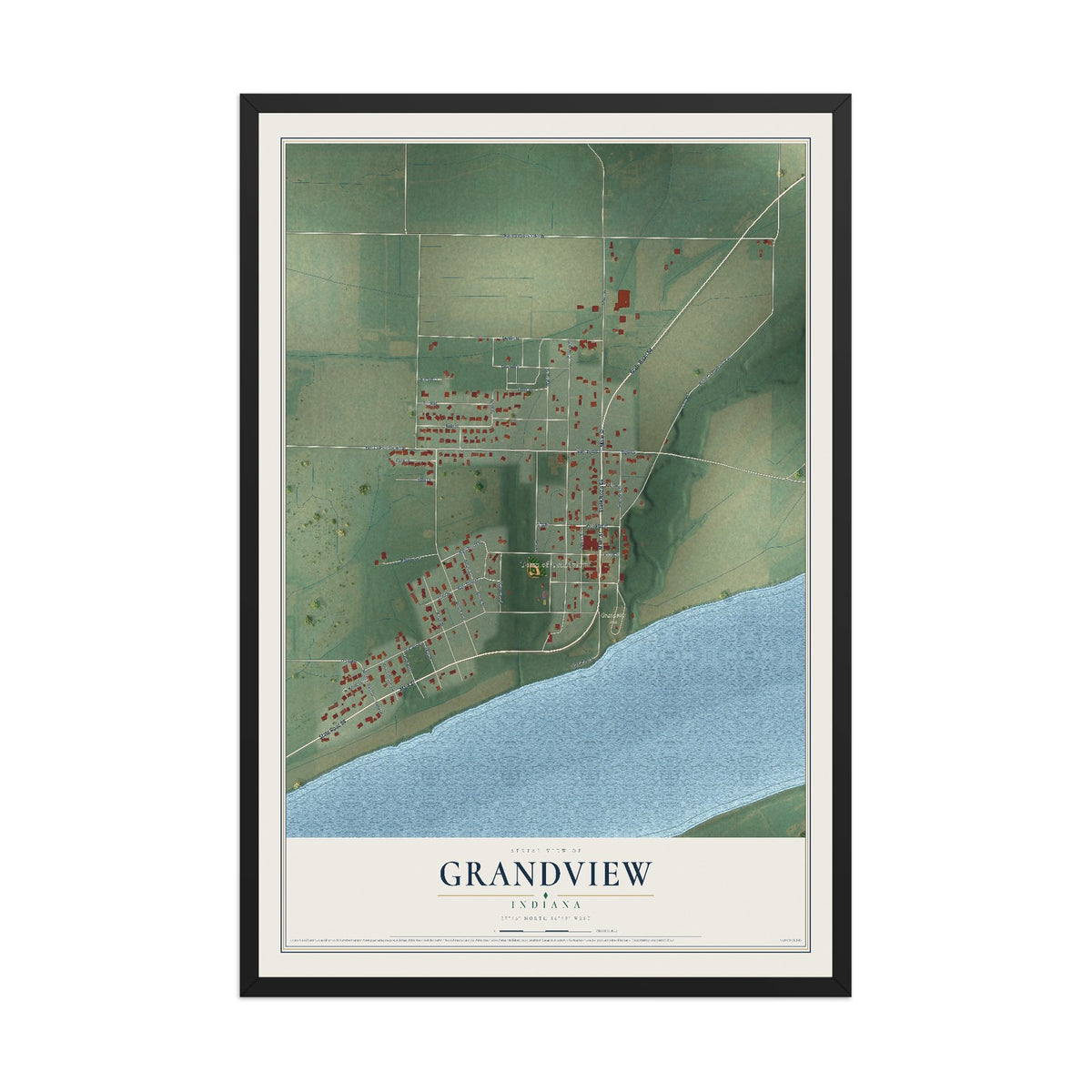 Map of Grandview, Indiana, 12 x 18 inch print in a black wood frame