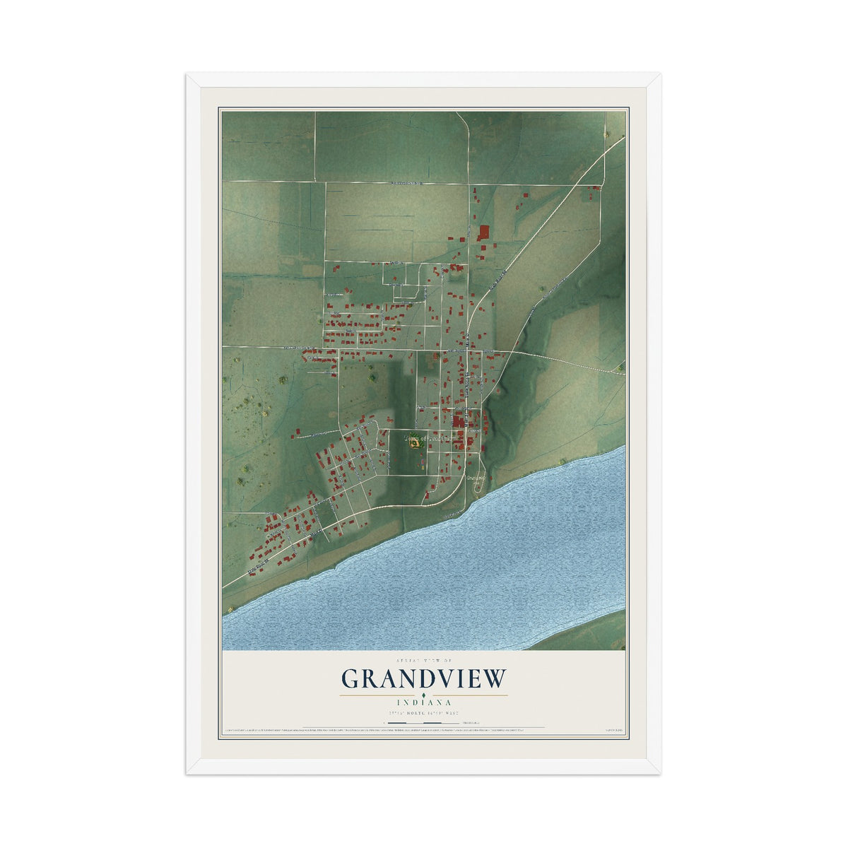 Map of Grandview, Indiana, 12 x 18 inch print in a white wood frame