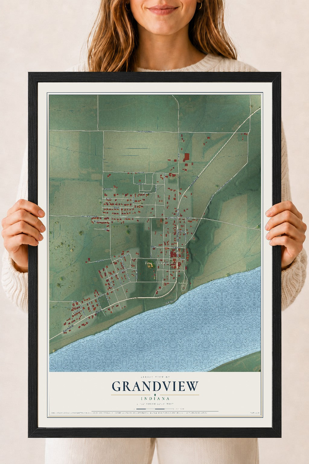 Map of Grandview, Indiana, 18 x 24 inch print in a black wood frame