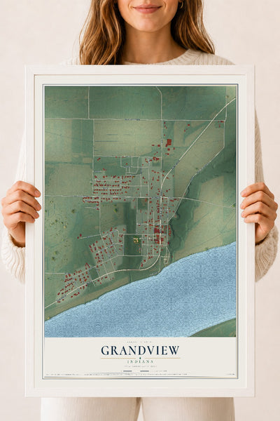 Map of Grandview, Indiana, 18 x 24 inch print in a white wood frame