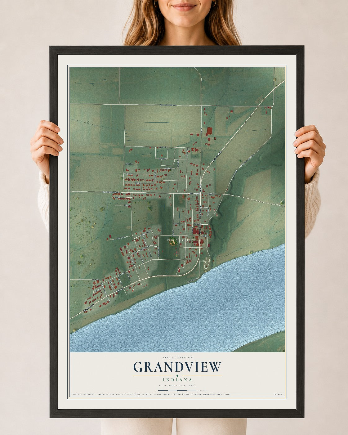 Map of Grandview, Indiana, 24 x 36 inch print in a black wood frame