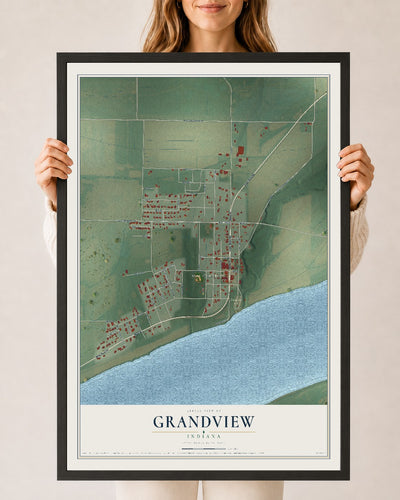 Map of Grandview, Indiana, 24 x 36 inch print in a black wood frame