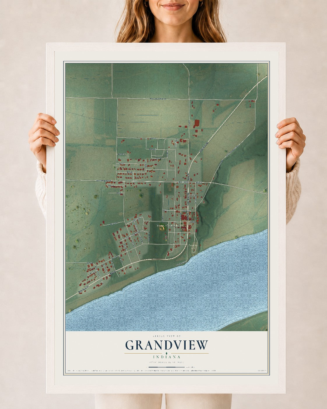 Map of Grandview, Indiana, 24 x 36 inch print in a white wood frame