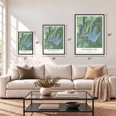 Grandview Lake, Indiana map in 12 x 18, 18 x 24 and 24 x 36 inch sizes above a sofa