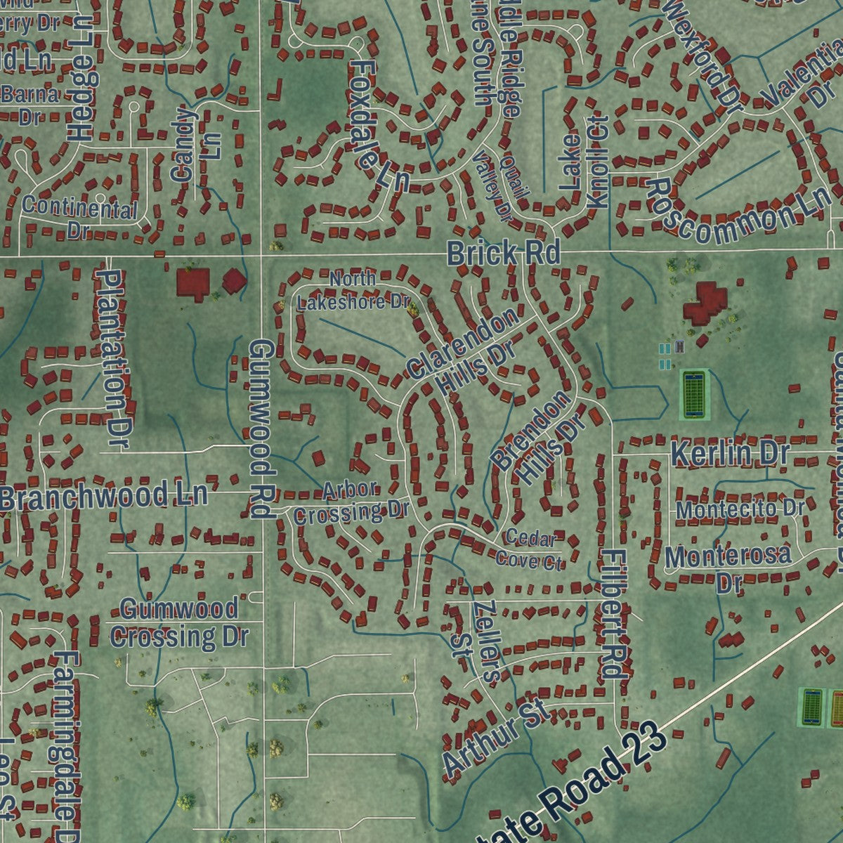 Close-up of the map of Granger, Indiana print showing street and building detail