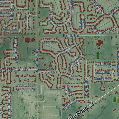 Close-up of the map of Granger, Indiana print showing street and building detail