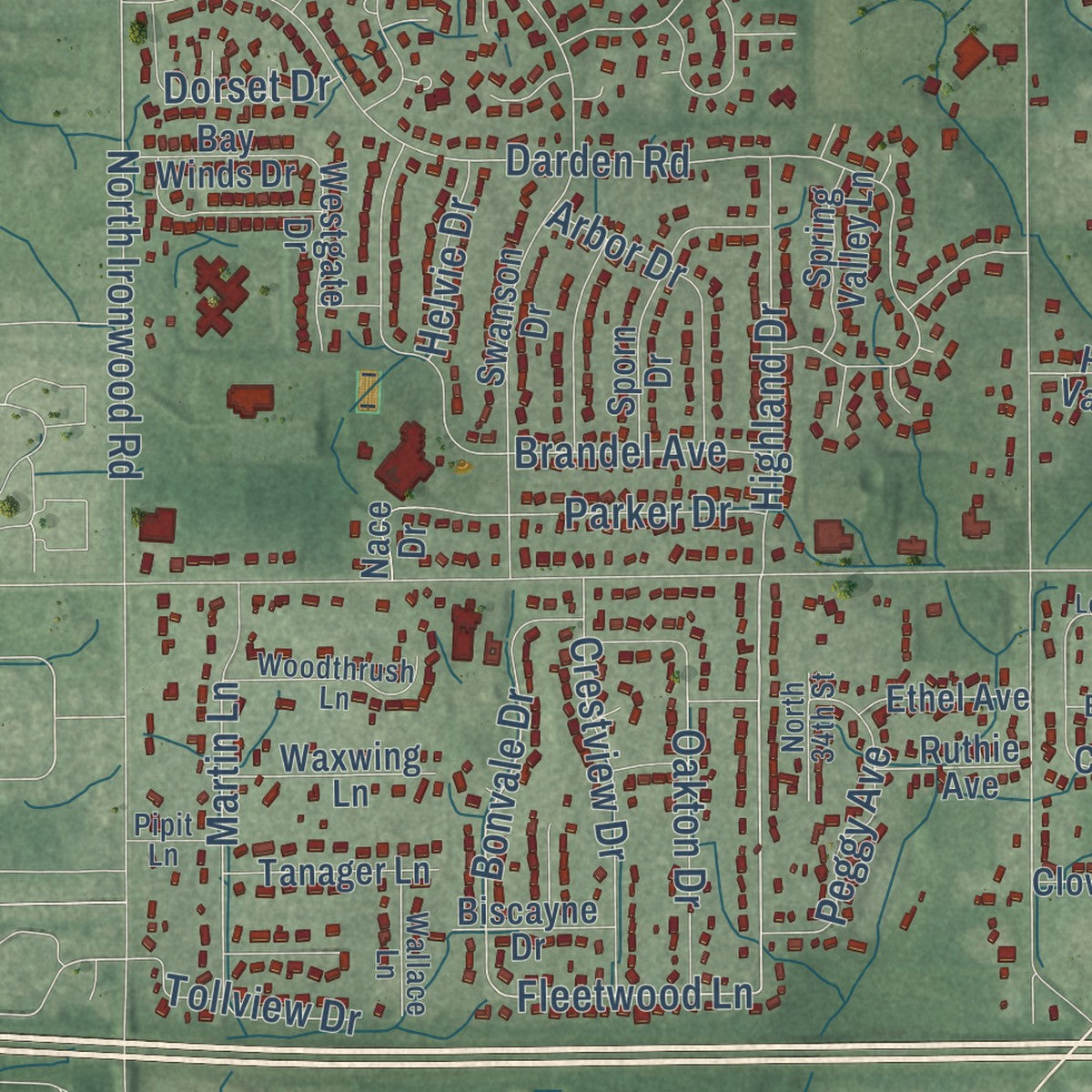 Second close-up of the map of Granger, Indiana print showing more streets and buildings