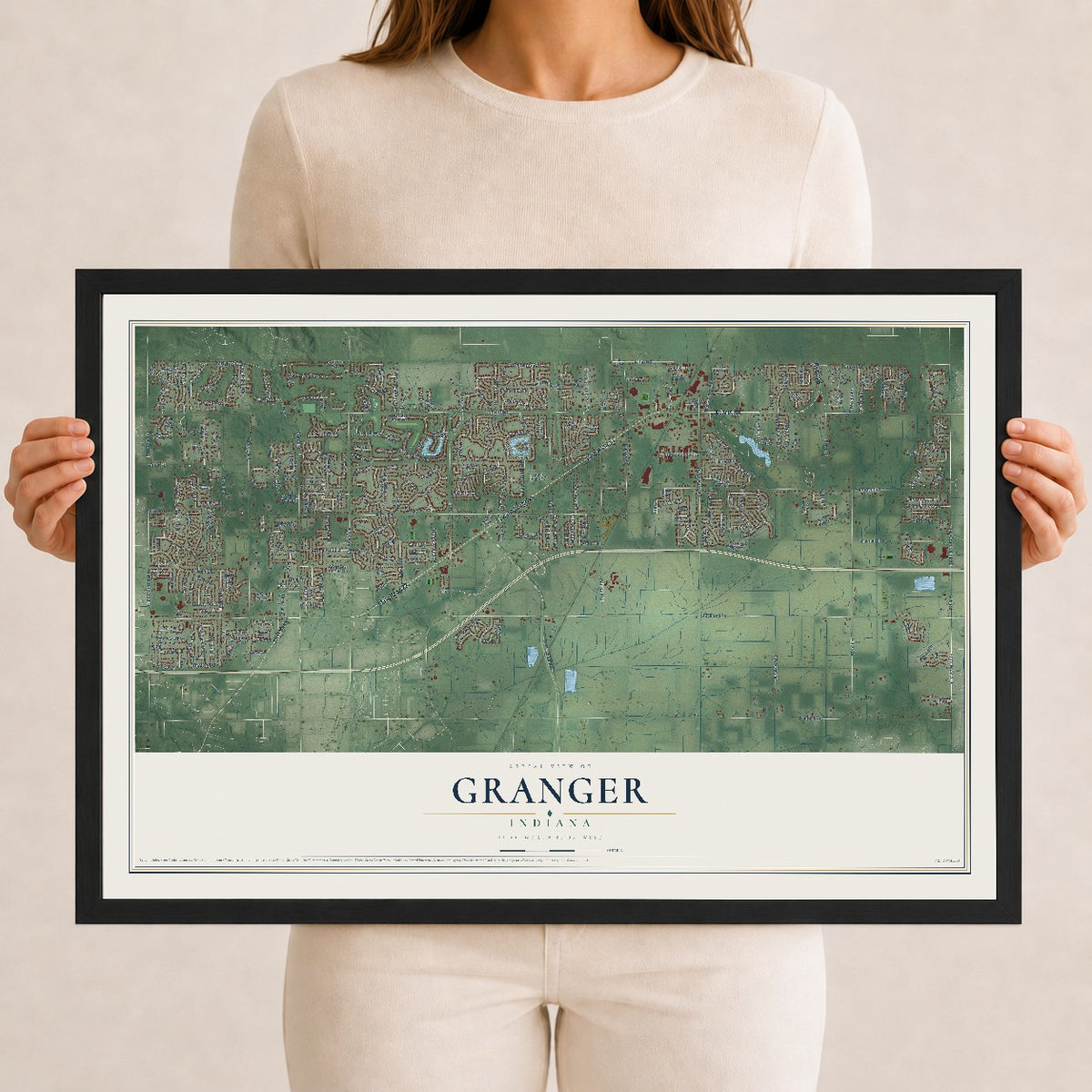 Map of Granger, Indiana, 12 x 18 inch print in a black wood frame
