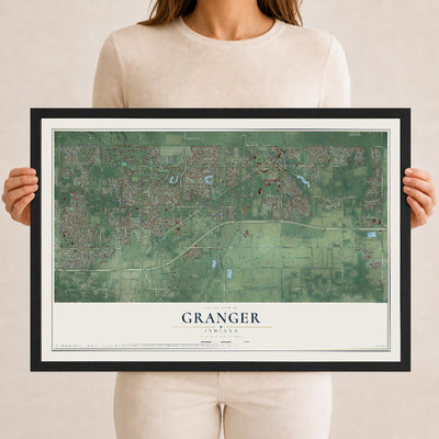 Map of Granger, Indiana, 12 x 18 inch print in a black wood frame
