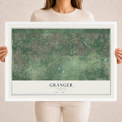 Map of Granger, Indiana, 18 x 24 inch print in a white wood frame