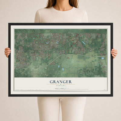 Map of Granger, Indiana, 24 x 36 inch print in a black wood frame
