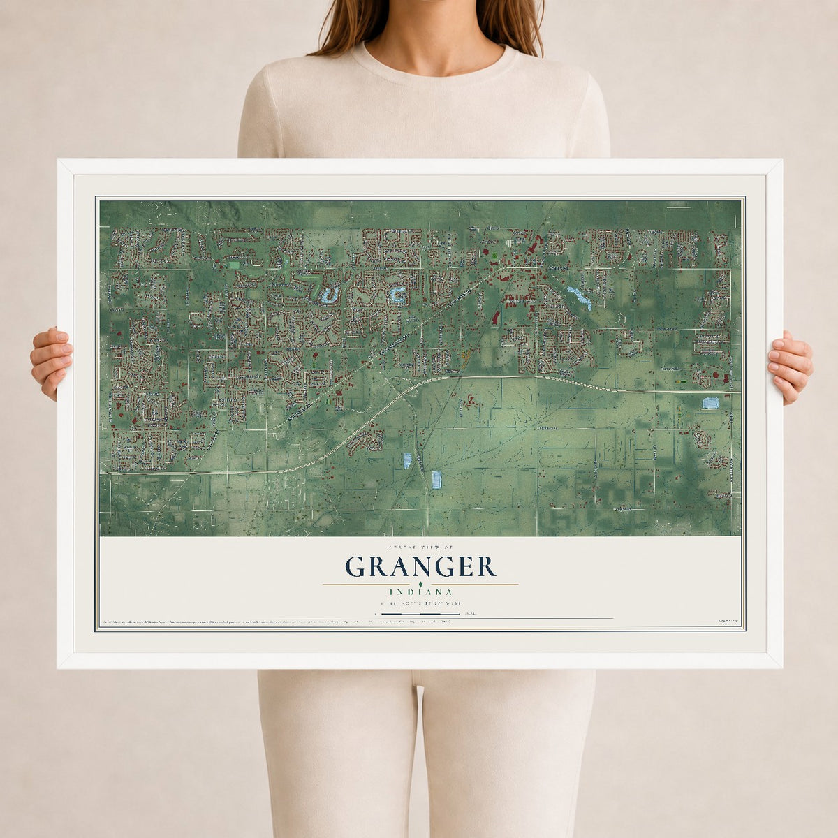 Map of Granger, Indiana, 24 x 36 inch print in a white wood frame