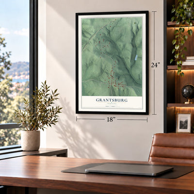 Grantsburg, Indiana map, 18 x 24 inch print in a black frame in a home office